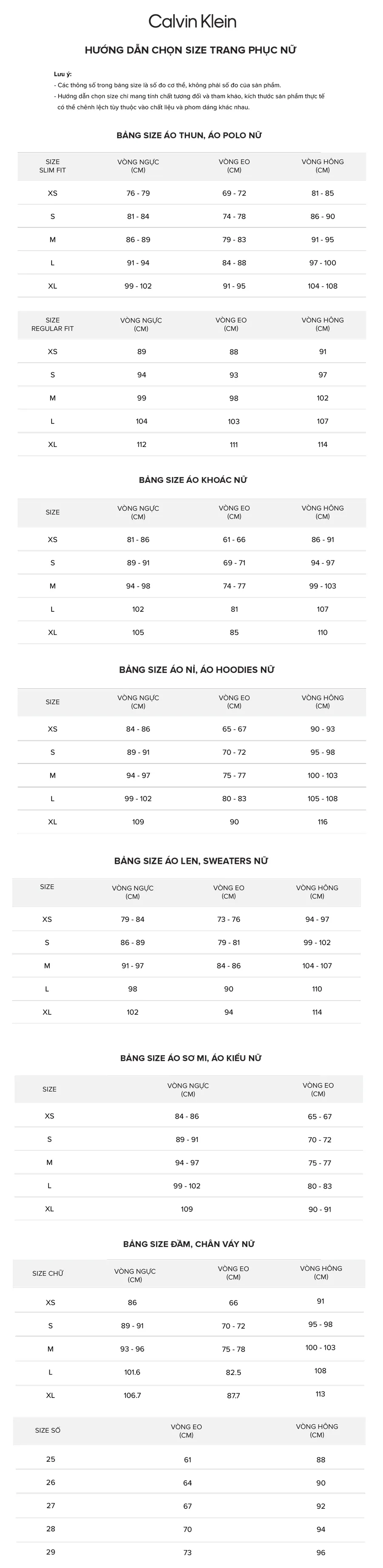 Bảng Size Áo Và Váy/Đầm Nữ Calvin Klein