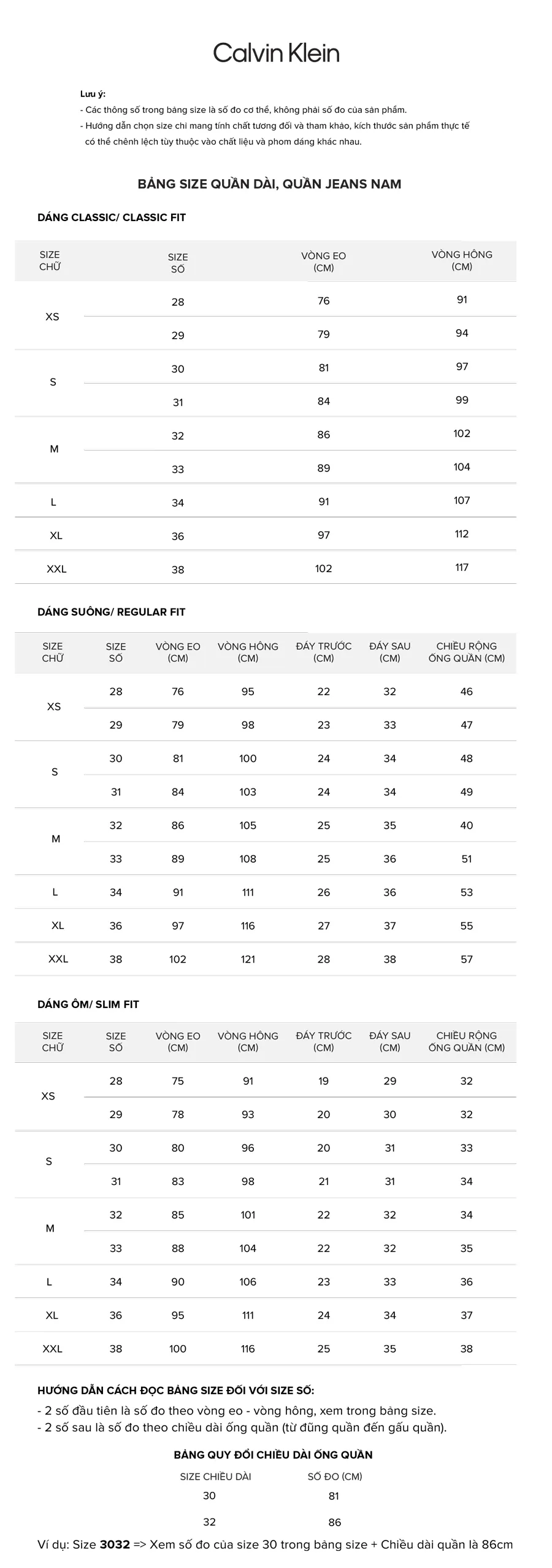 Bảng Size Quần Nam Calvin Klein