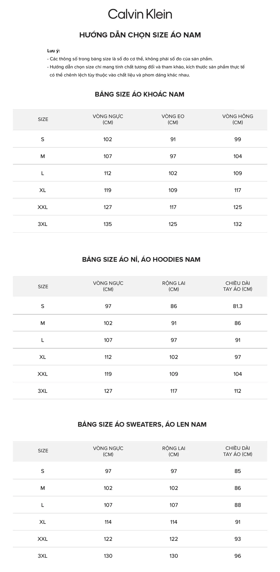 Bảng Size Áo Nam Calvin Klein