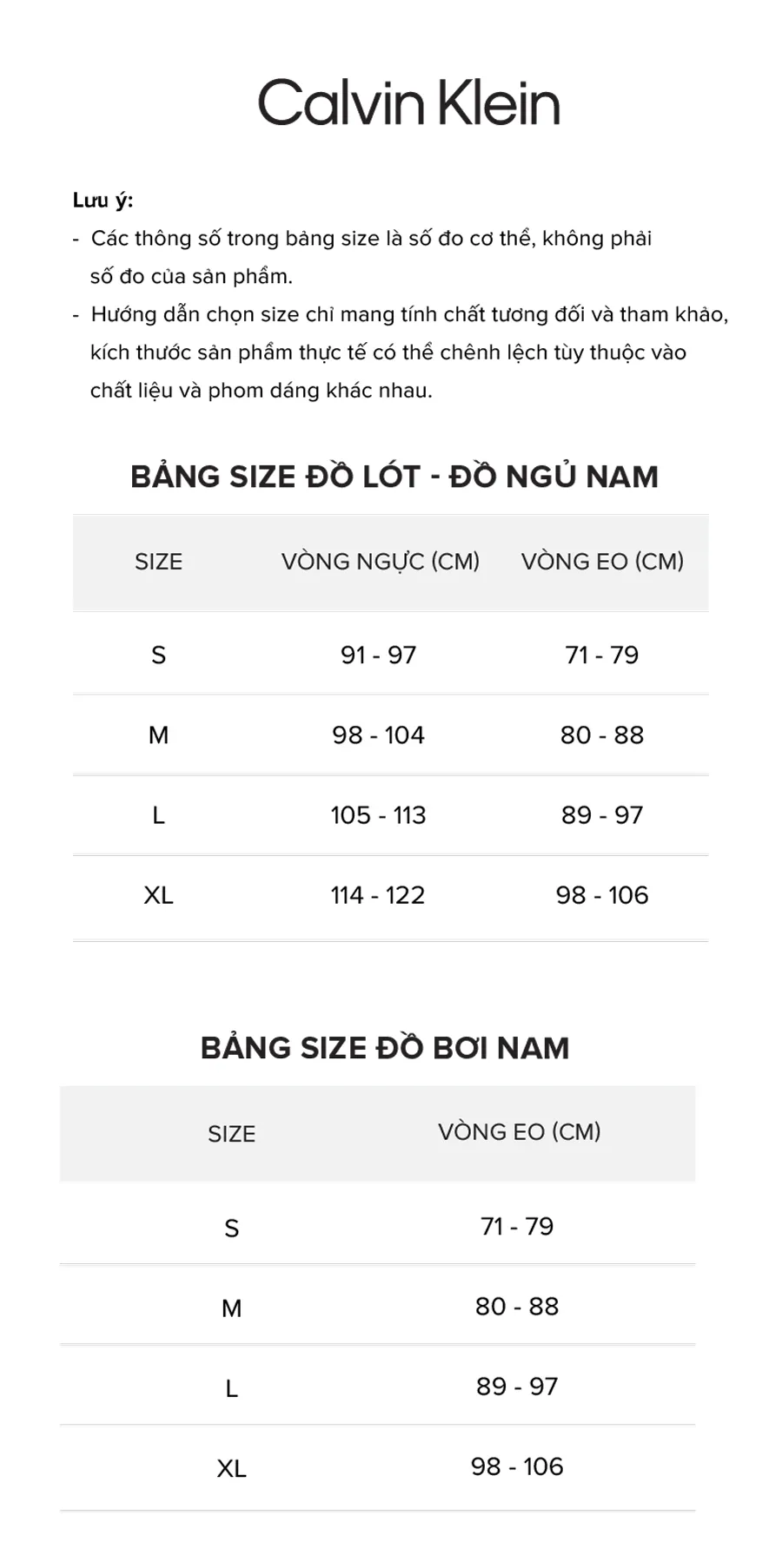 Bảng Size Đồ Lót, Đồ Ngủ, Đồ Bơi Nam Calvin Klein