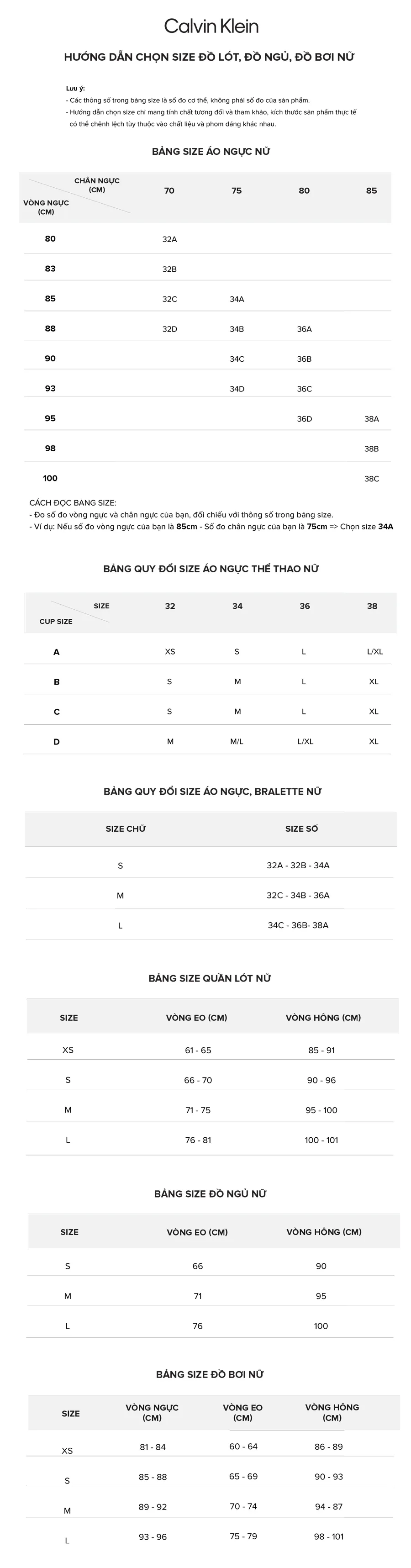 Bảng Size Đồ Lót, Đồ Ngủ, Đồ Bơi Nữ Calvin Klein