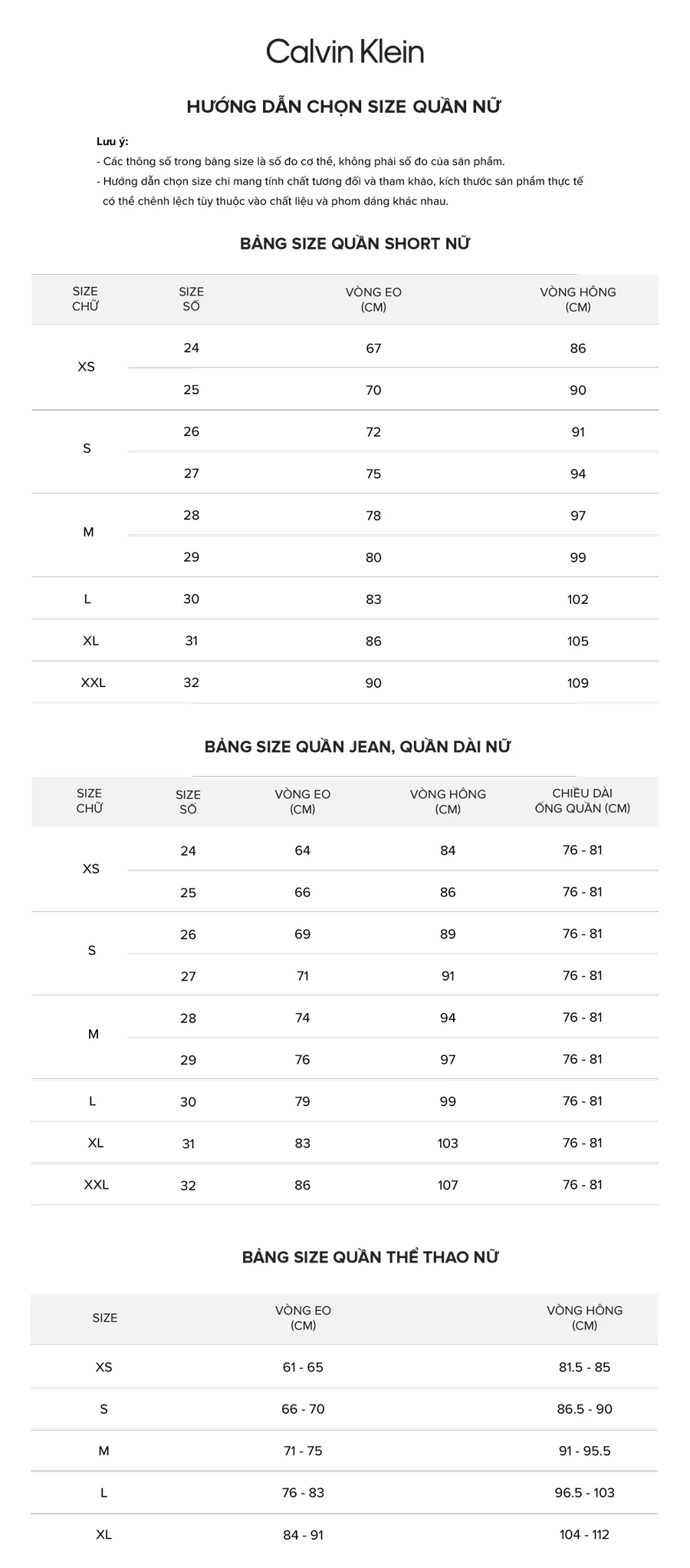 Bảng Size Quần Nữ Calvin Klein