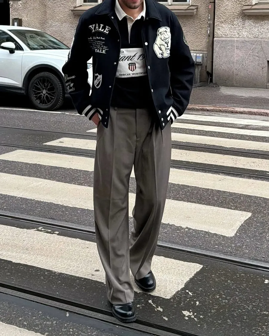 Kết Hợp Varsity Jacket Cùng Quần Kaki Hoặc Quần Tây
