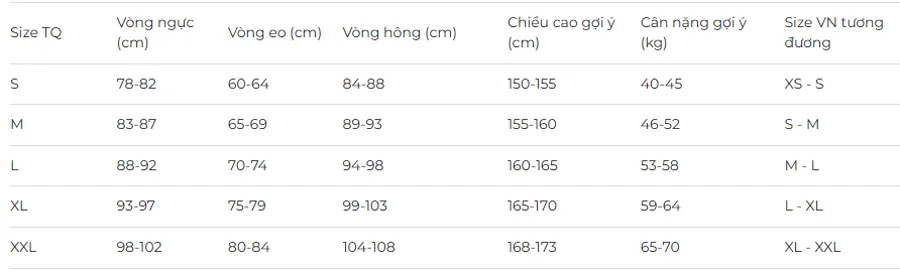 Bảng size quần áo nữ Trung Quốc