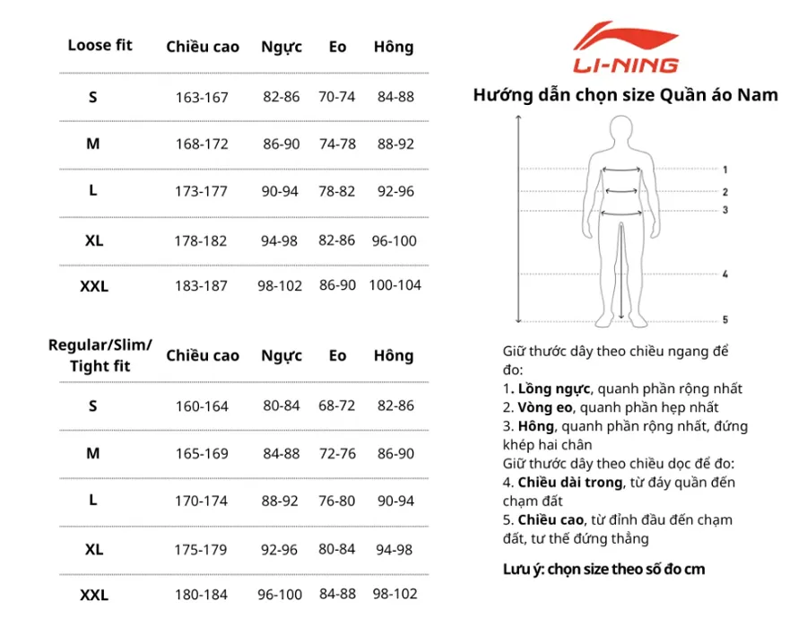 Bảng size quần áo Li-Ning cho nam