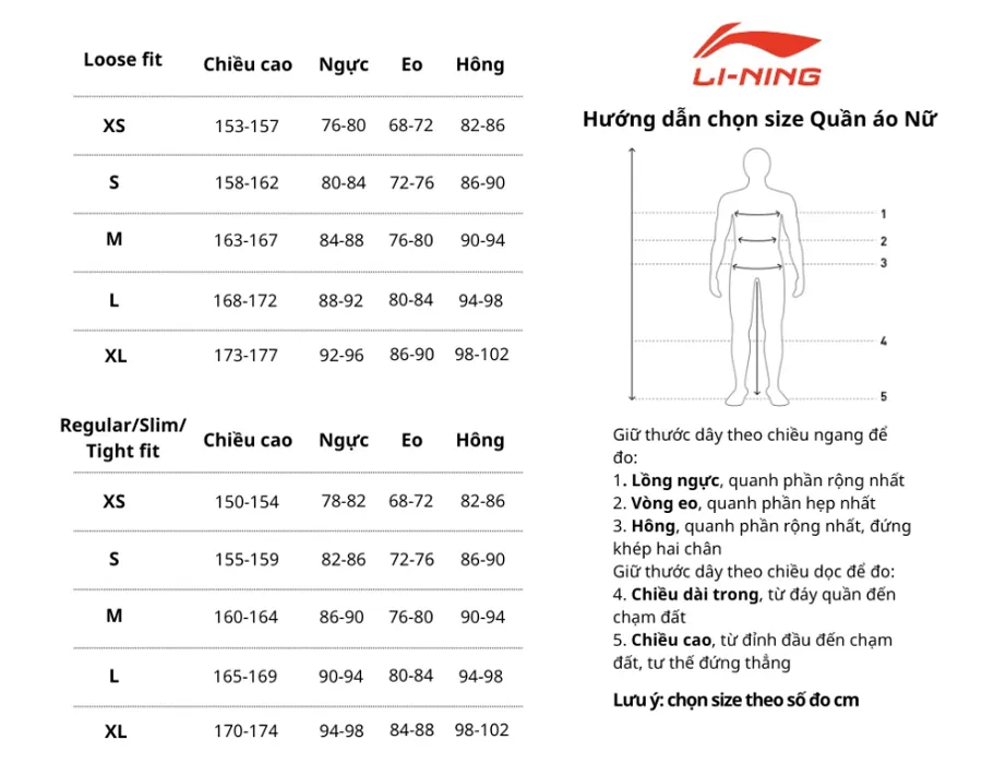 Bảng size quần áo Li-Ning cho nữ