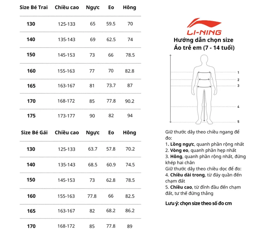 Bảng size quần áo Li-Ning trẻ em 