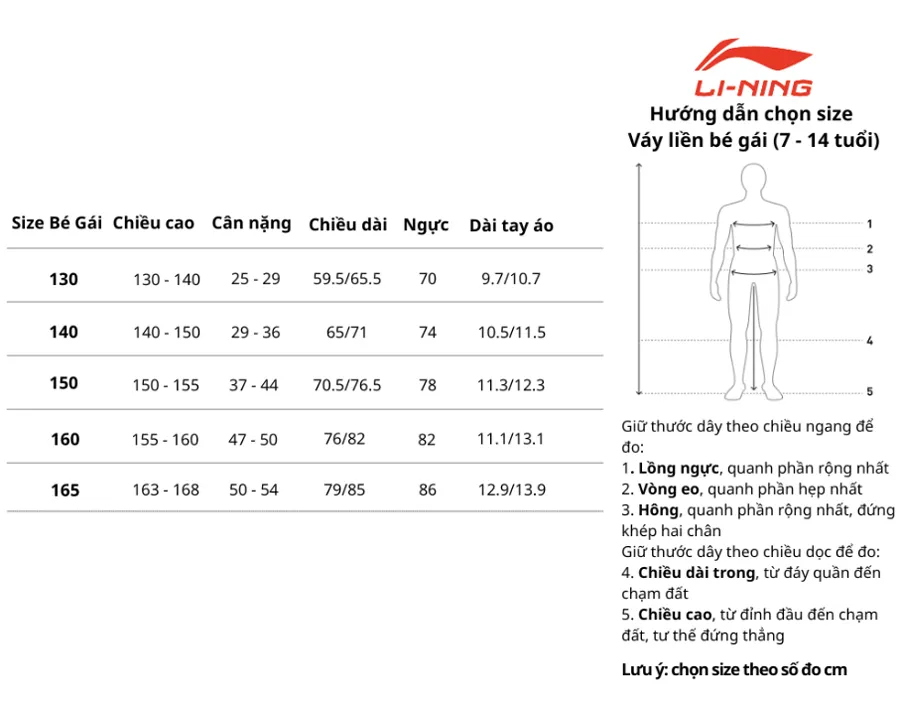 Bảng size quần áo Li-Ning trẻ em 