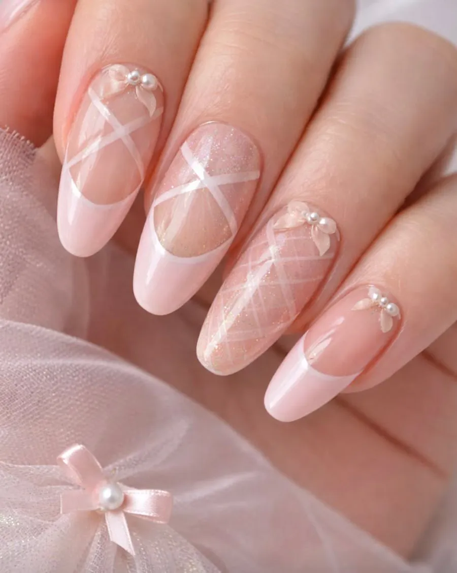 Ballet nails họa tiết ruy băng