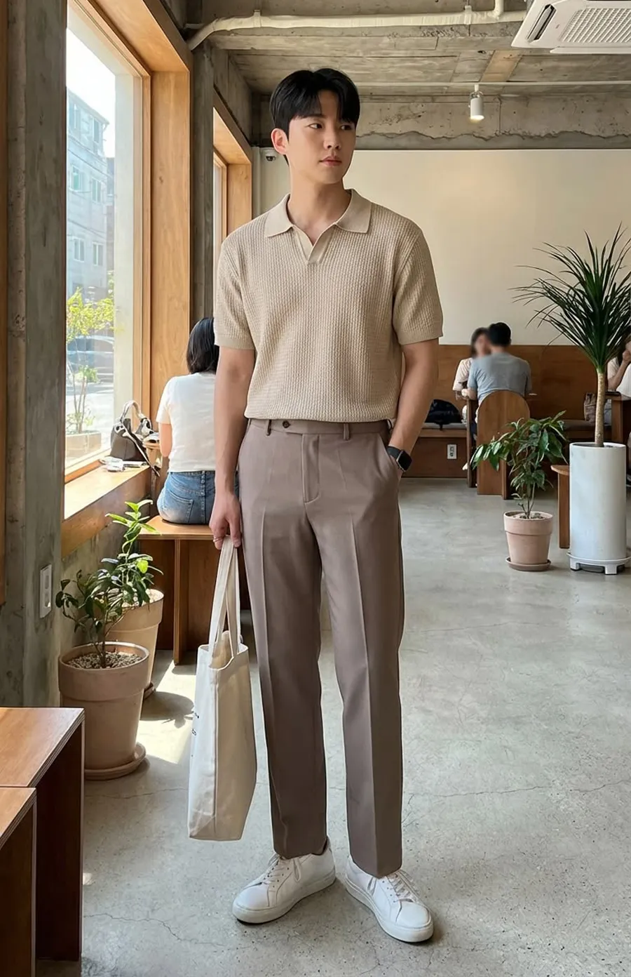 Áo polo phối quần baggy và giày sneaker