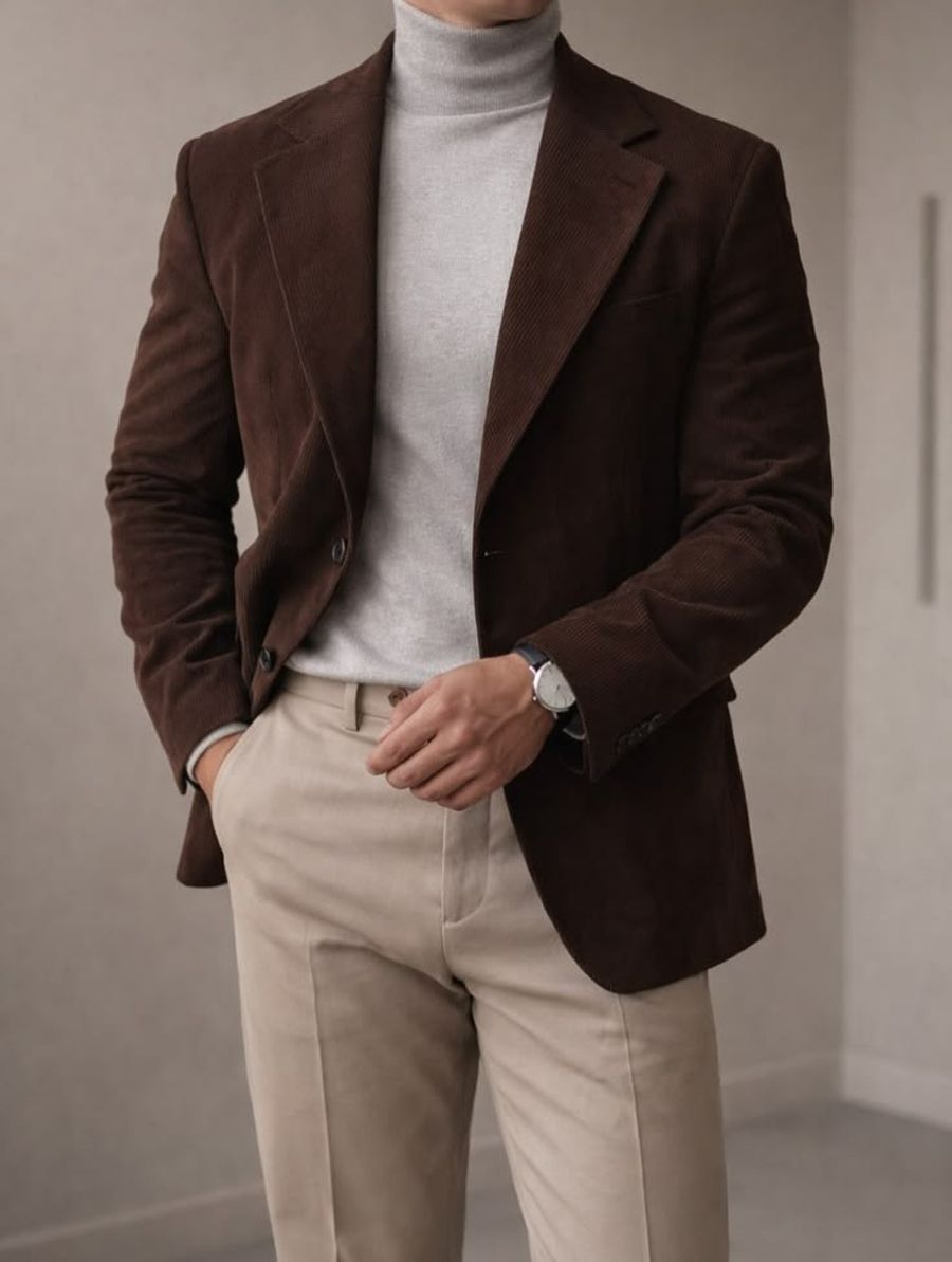 Áo blazer nam phối với áo len cổ lọ