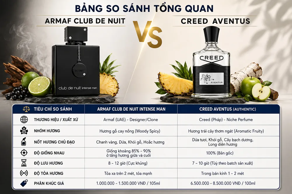 Bảng so sánh tổng quan giữa Armaf Club de Nuit và Creed Aventus