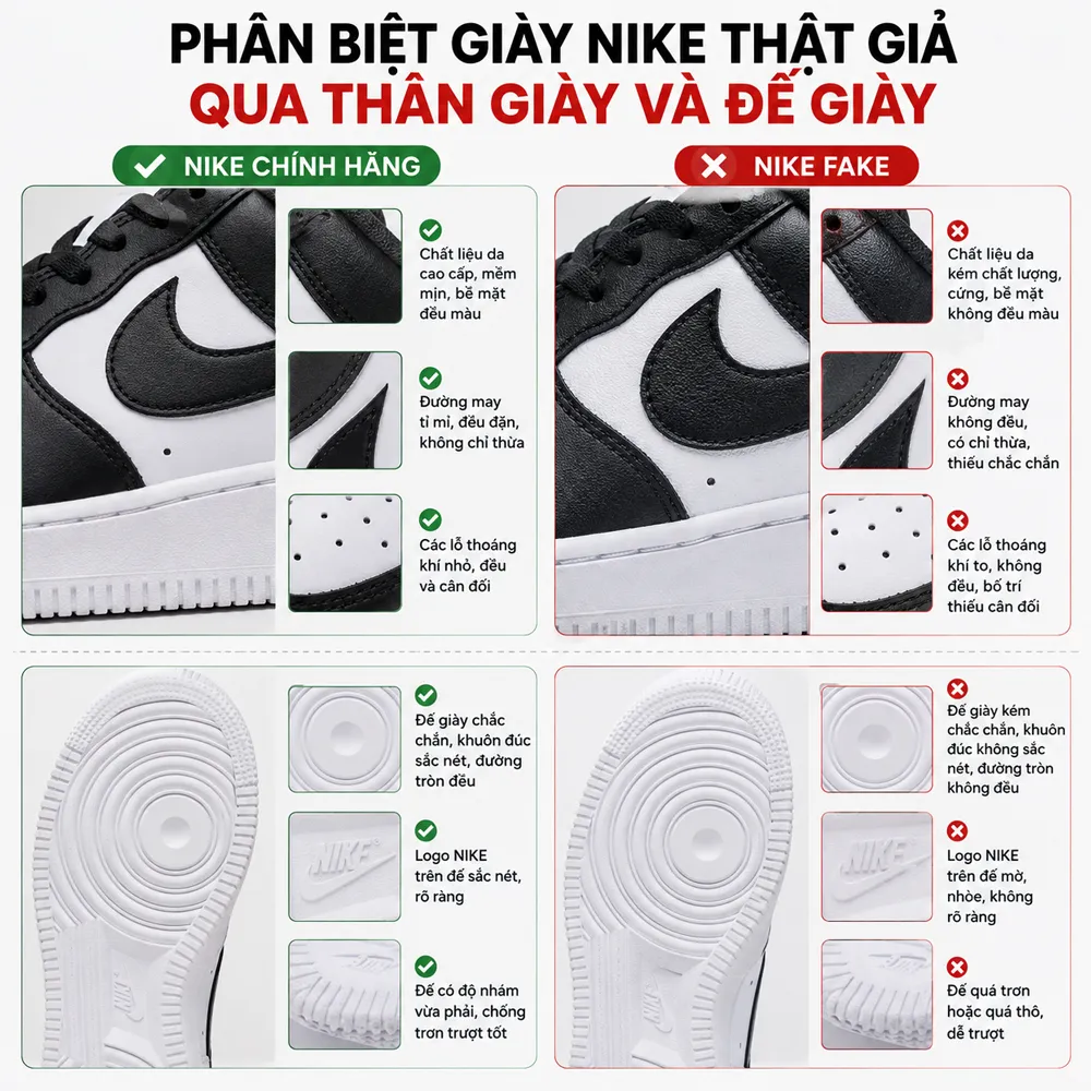 Phân biệt giày Nike thật giả qua thân giày và đế giày