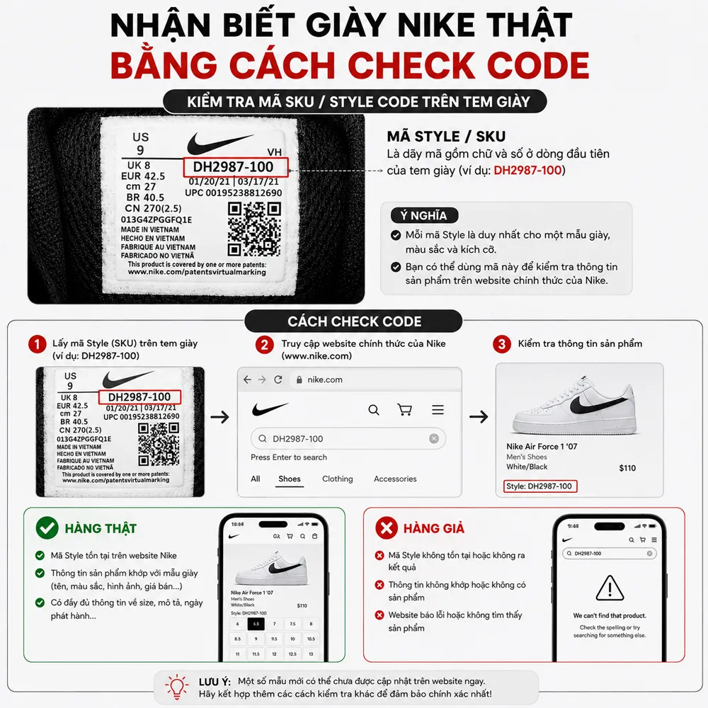 Nhận biết giày Nike thật bằng cách check code