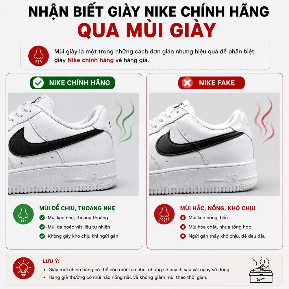 Nhận biết giày Nike chính hãng qua mùi giày