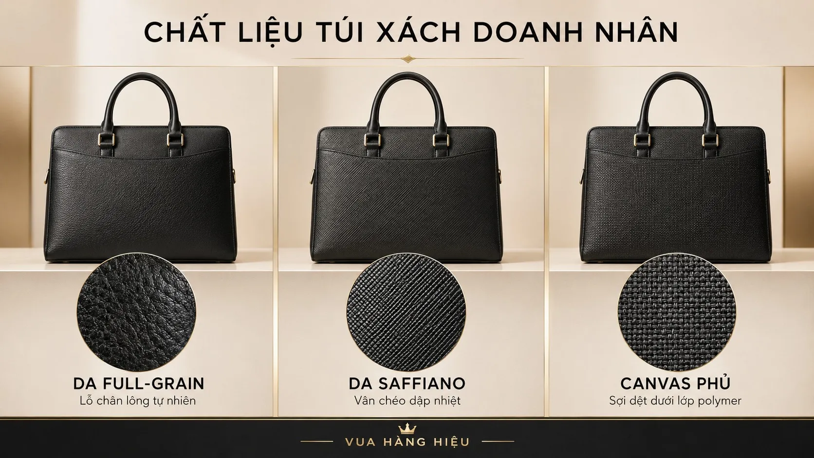 Từ trái sang: da full grain với lỗ chân lông tự nhiên, da Saffiano với vân chéo dập nhiệt, canvas phủ với sợi dệt lộ dưới lớp polymer.