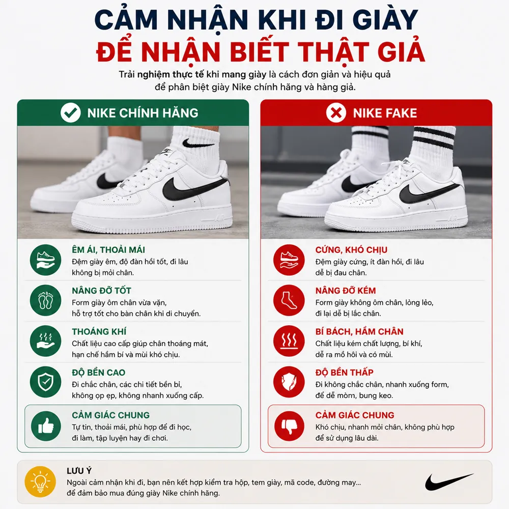 Cảm nhận khi đi giày để nhận biết thật giả