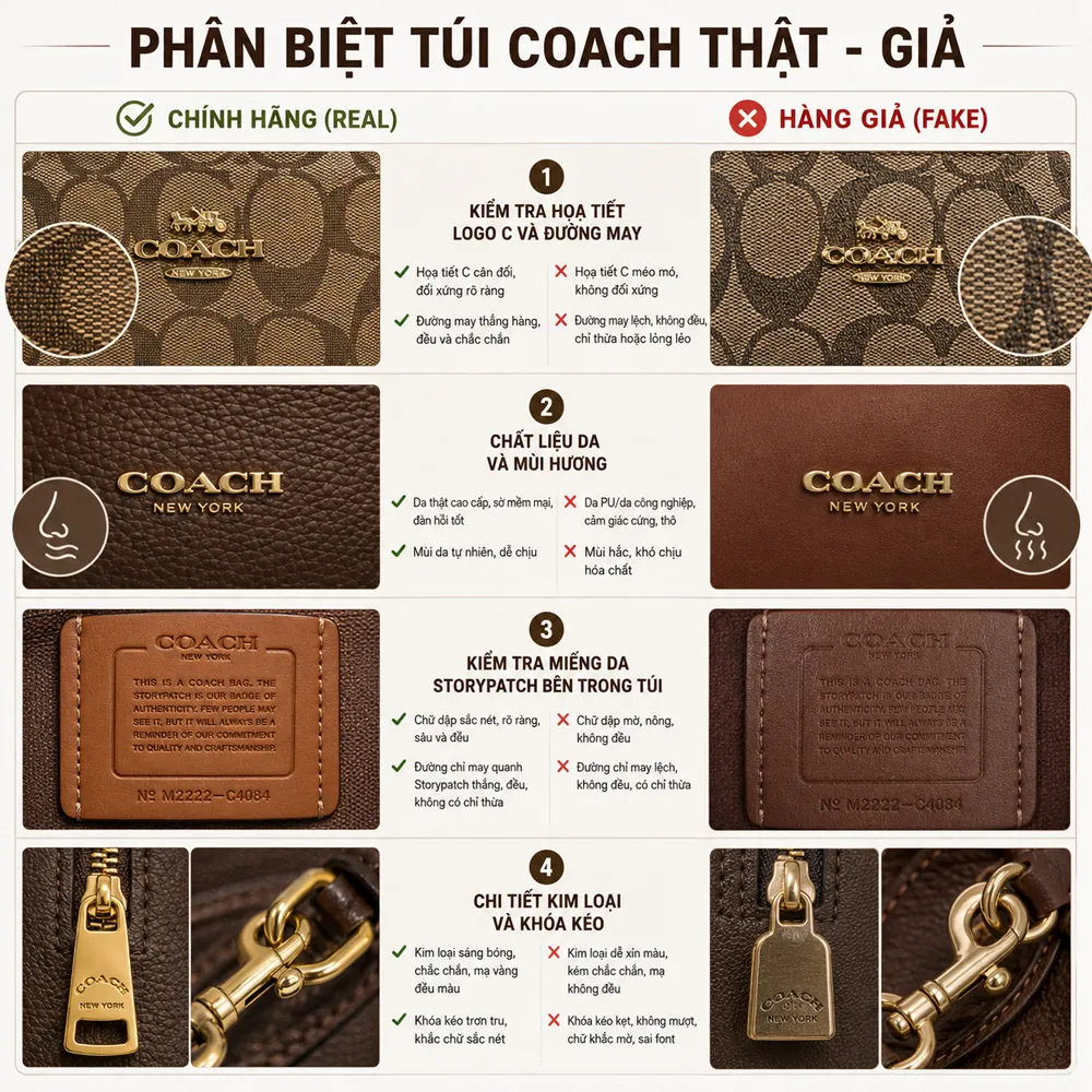 Mẹo bỏ túi 4 bước phân biệt túi Coach thật - giả nhanh chóng