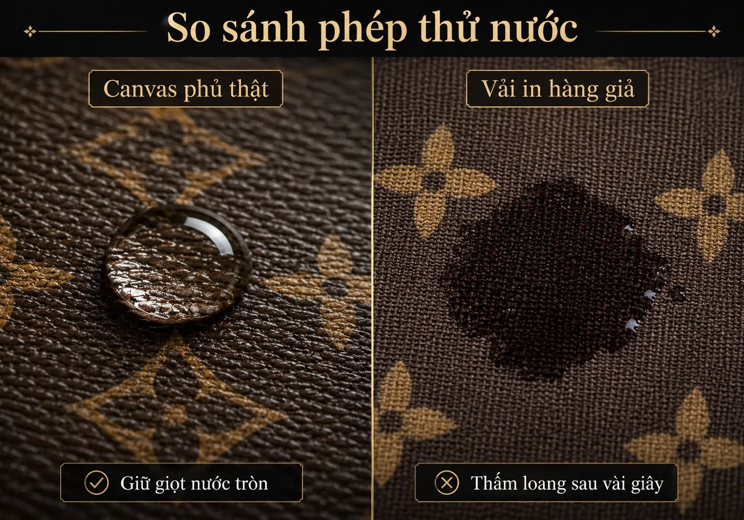 Bên trái: canvas phủ thật giữ giọt nước tròn. Bên phải: vải in không phủ thấm loang sau vài giây.
