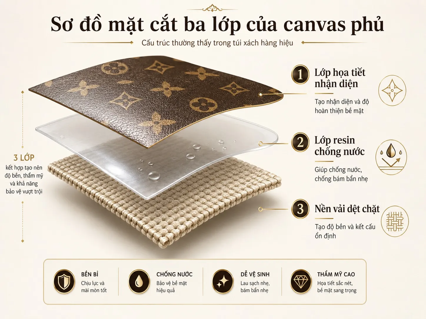 Ba lớp của canvas phủ: nền vải dệt chặt, lớp resin chống nước, và lớp họa tiết nhận diện.