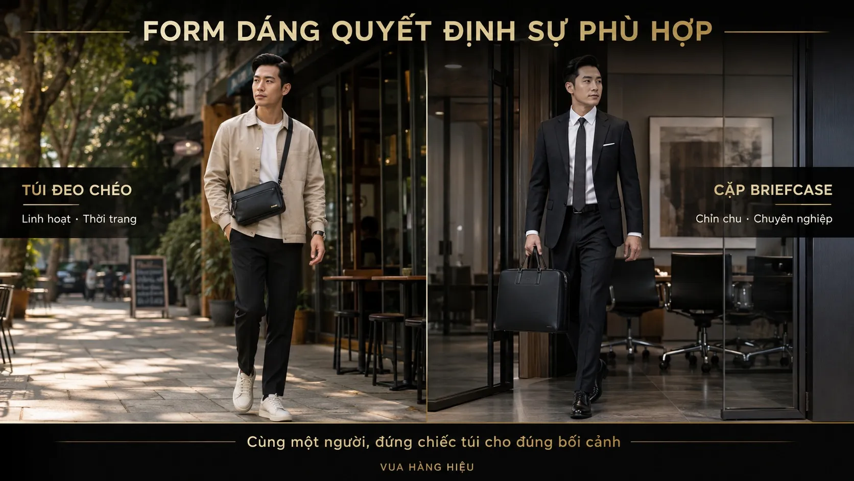 So sánh túi đeo chéo thời trang và cặp briefcase doanh nhân về form dáng