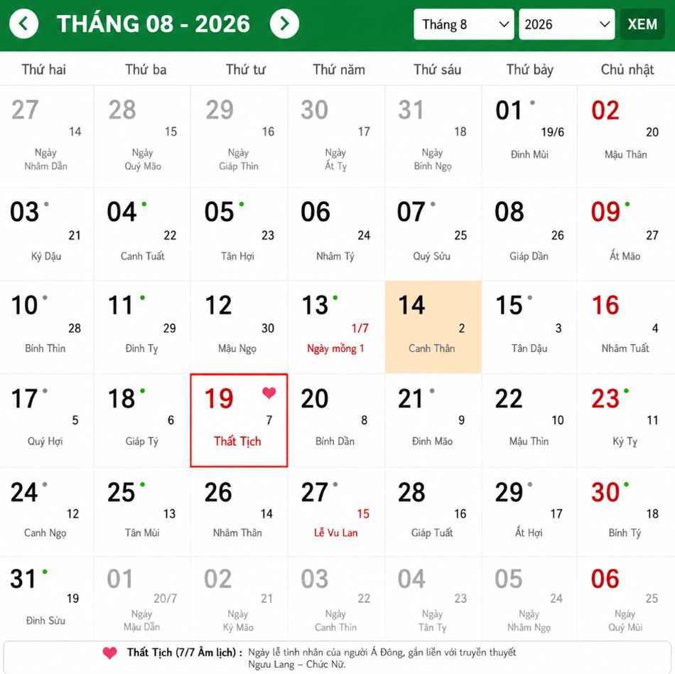 Thất Tịch sẽ diễn ra vào Thứ Tư, 19 tháng 8, 2026 (dương lịch)