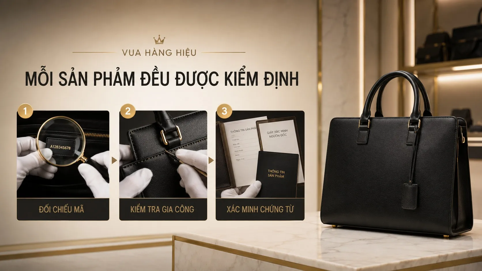Mỗi sản phẩm tại Vua Hàng Hiệu đều đi qua quy trình đối chiếu mã, kiểm tra gia công và xác minh chứng từ trước khi lên kệ.