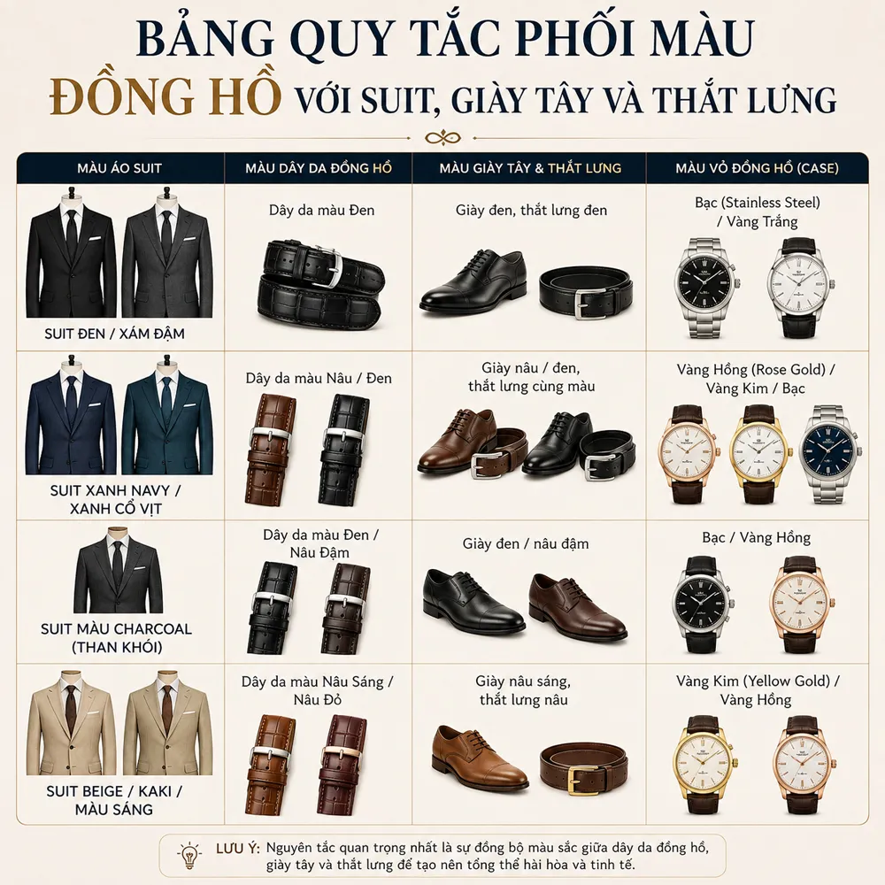 Bảng quy tắc phối màu đồng hồ với Suit, Giày Tây và Thắt Lưng