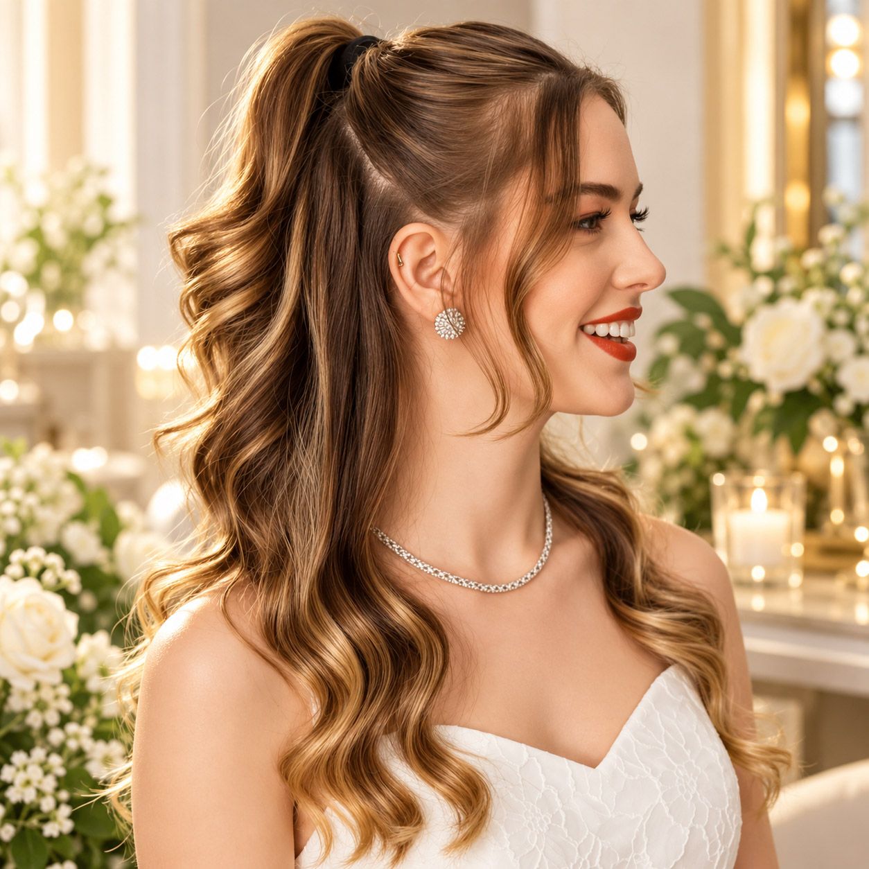 Tóc buộc nửa đầu uốn sóng ngọt ngào 