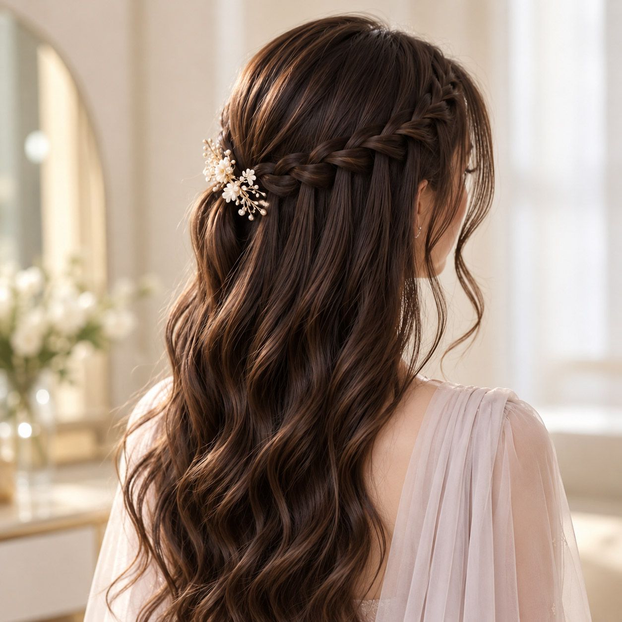 Tóc buộc nửa đầu uốn sóng ngọt ngào 