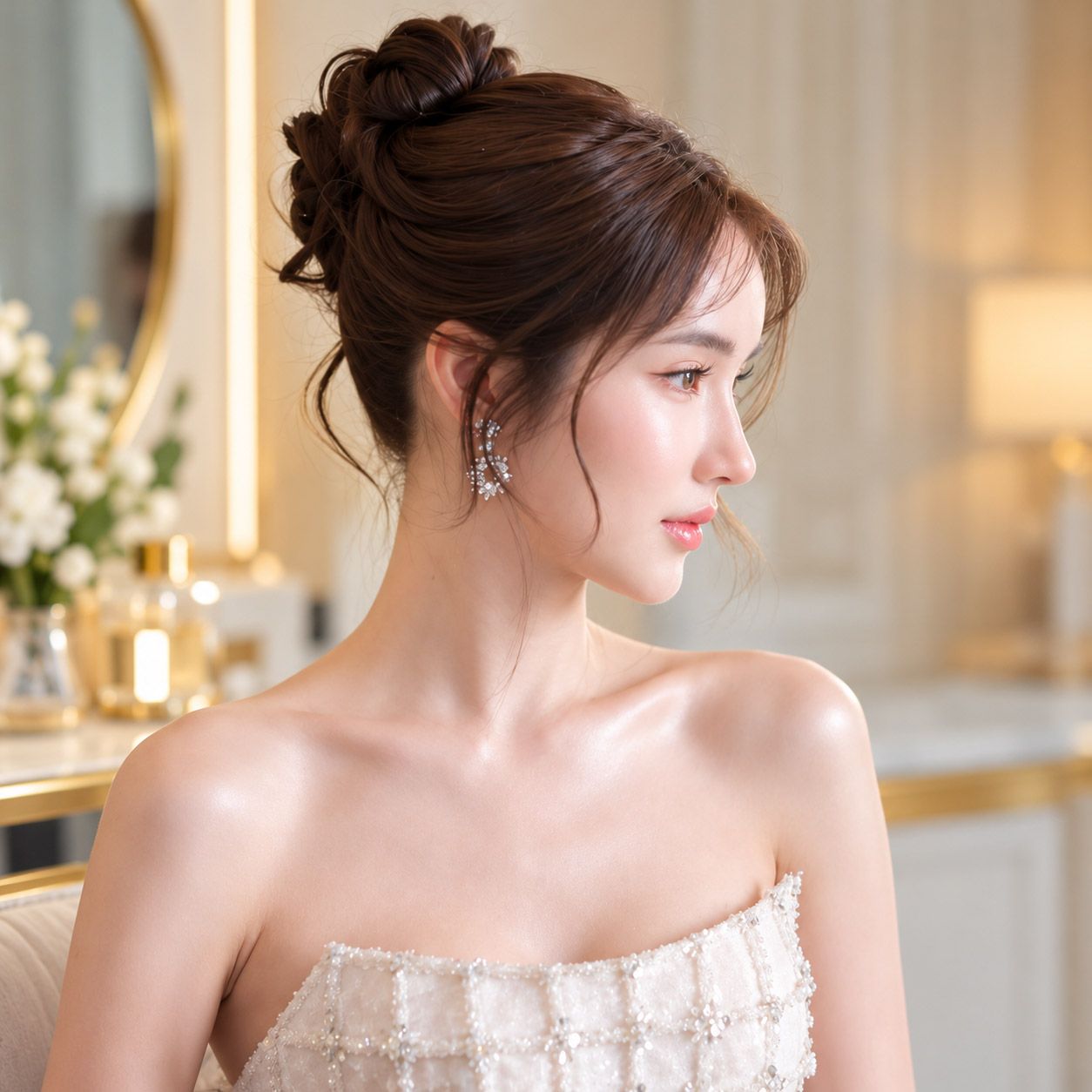 Tóc buộc nửa đầu uốn sóng ngọt ngào 