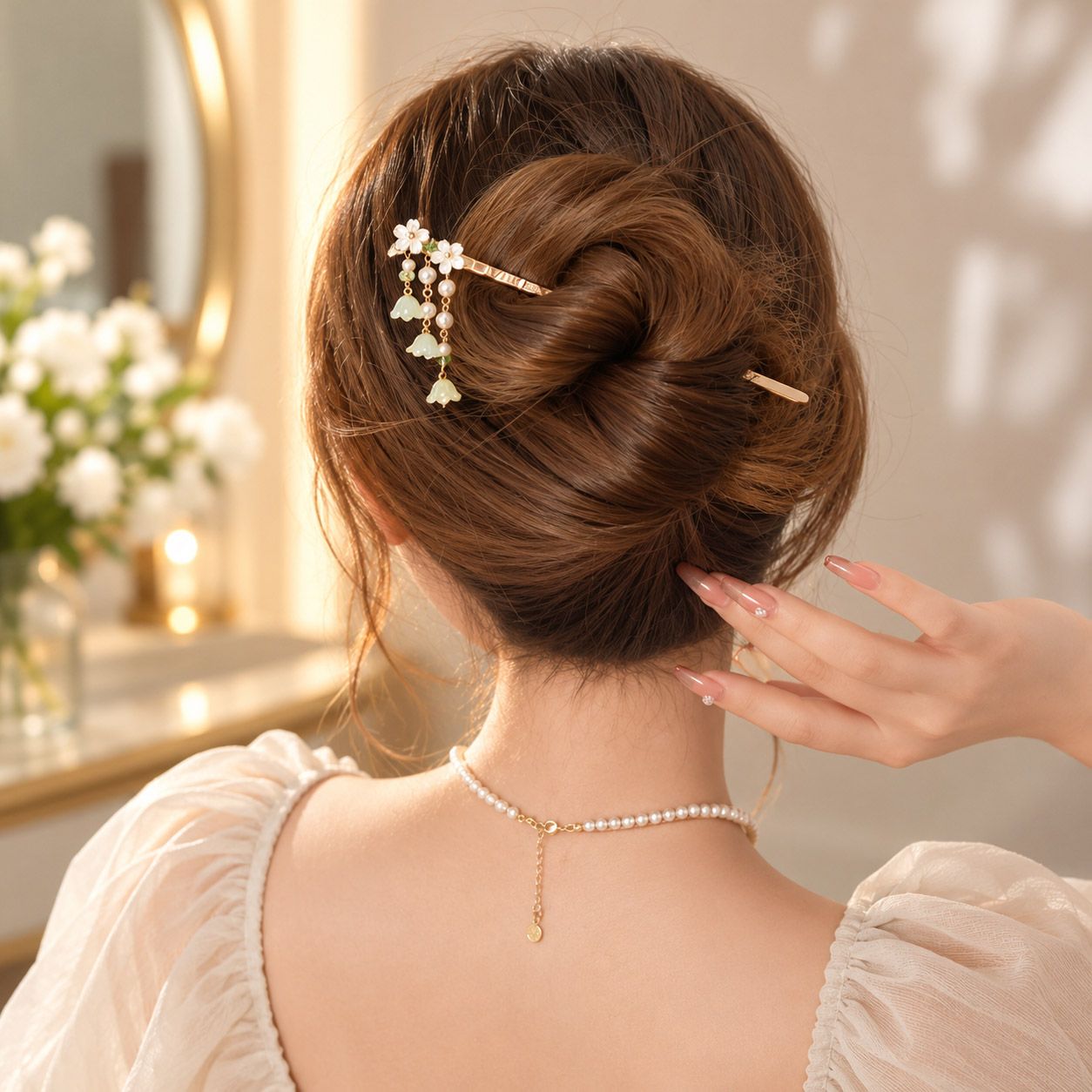 Tóc buộc nửa đầu uốn sóng ngọt ngào 