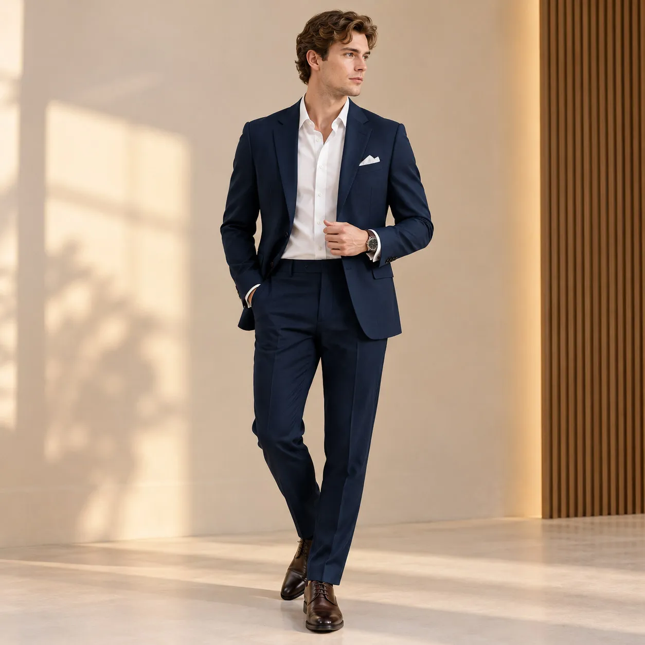 Suit xanh đậm hoặc xám sáng + Áo sơ mi trắng