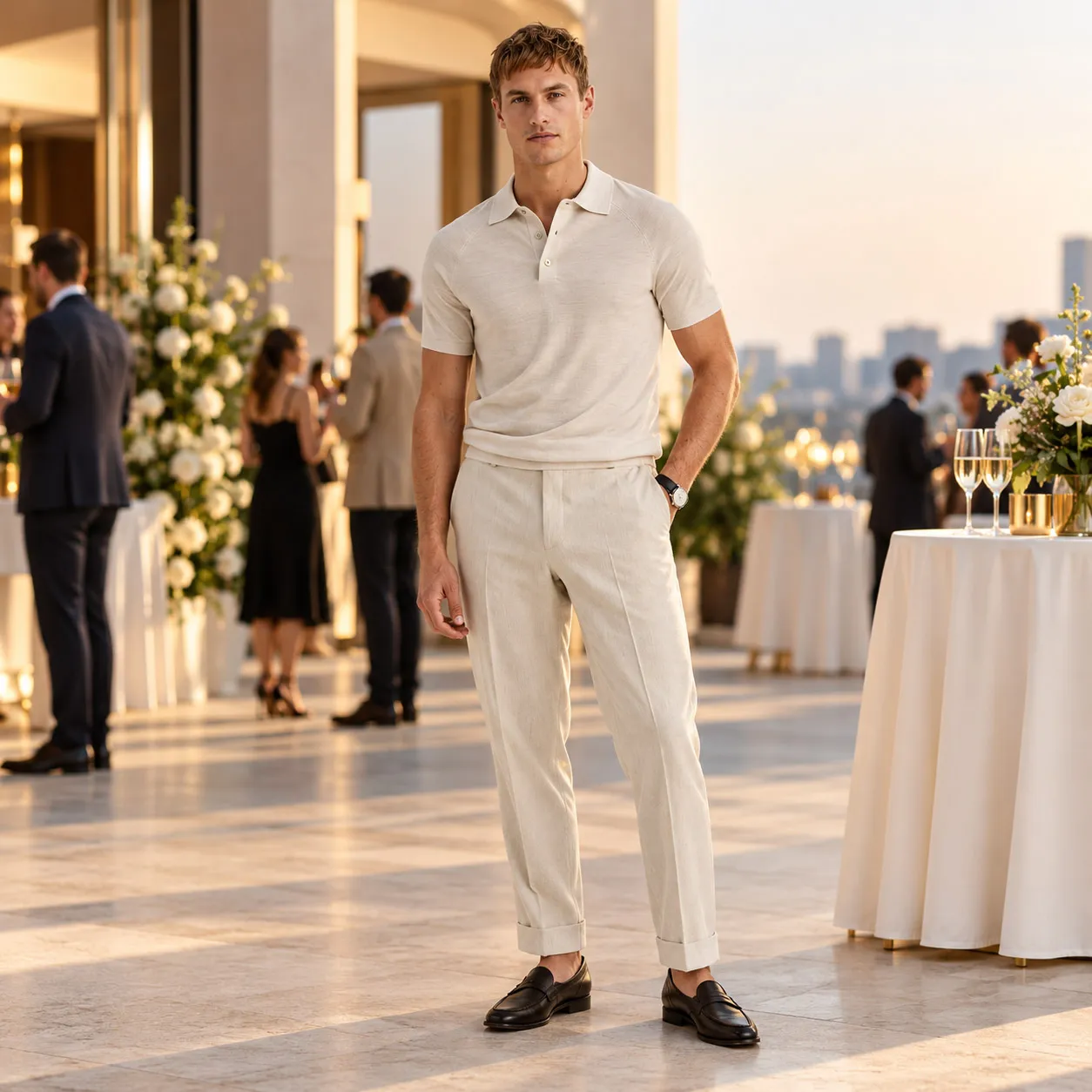 Áo Polo dệt kim + Quần tây xám + Giày Loafers