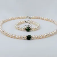 Set Dây Chuyền + Vòng Tay + Khuyên Tai  Nữ Minh Hà Pearl Jewelry Ngọc Trai Đính Đá Màu Xanh Trắng