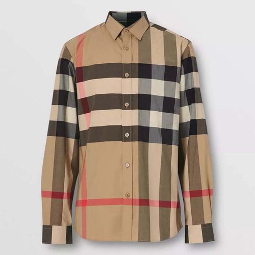 Áo Sơ Mi Burberry Check Stretch Cotton Poplin Shirt Sọc Nâu Size L
