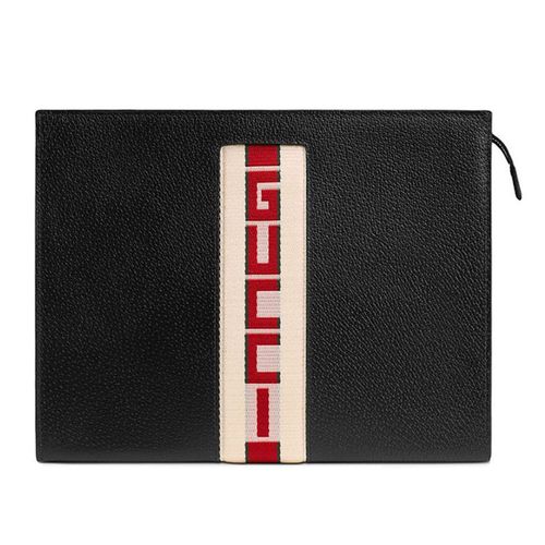 Túi Cầm Tay Gucci Stripe Leather Pouch Màu Đen