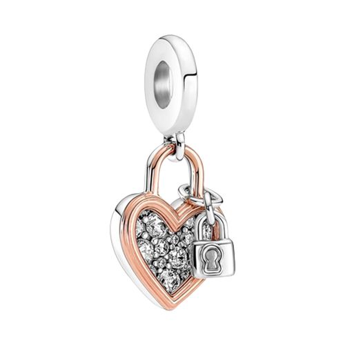 Hạt Vòng Charm Pandora Heart Padlock Double Dangle 780087C01 Màu Bạc Phối Vàng Hồng