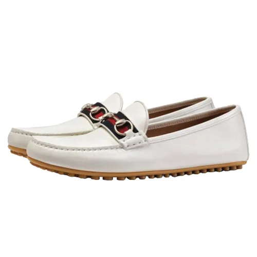 Giày Lười Gucci Leather Driver Web Màu Trắng Size 40.5