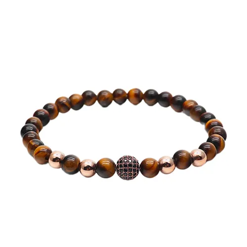 Vòng Đeo Tay Nam Viya Jewelry VJ-BRV129BR Premium Brown Natural Tiger Stone With Swaroski Charm Màu Nâu Size 20.5cm