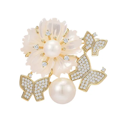 Cài Áo Nữ Kya Jewel Hoa Xà Cừ Và Bướm BR645 Màu Trắng Vàng
