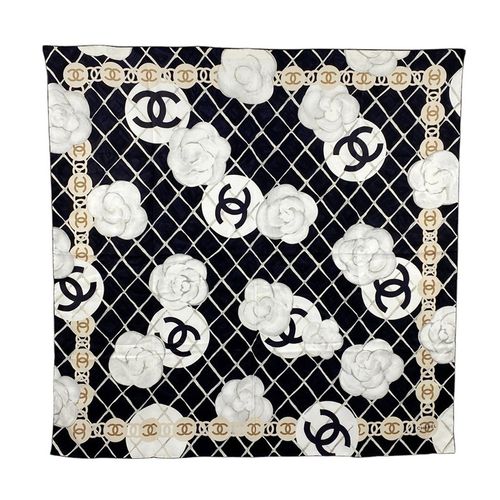 Khăn Lụa Chanel Camellia Coco Mark Scarf Màu Đen