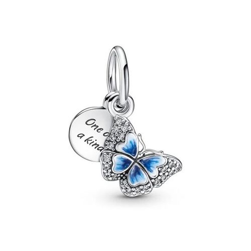 Hạt Vòng Charm Pandora Blue Butterfly & Quote Double Dangle Màu Bạc