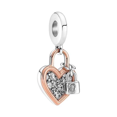 Hạt Vòng Charm Pandora Heart Padlock Double Dangle 780087C01 Màu Bạc Phối Vàng Hồng