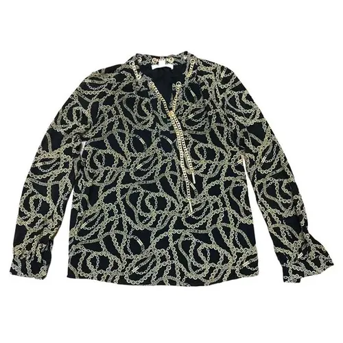 Áo Sơ Mi Nữ Michael Kors MK Cổ Xích Màu Đen Họa Tiết Vàng Size XS