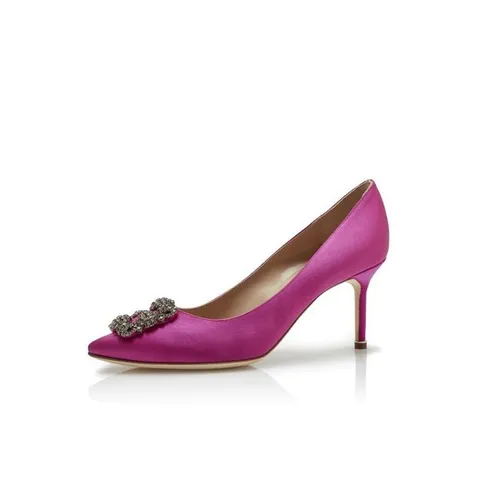Giày Cao Gót Manolo Hangisi 70 Blahnik Pink Satin Jewel Buckle Pumps Cao 7 Phân