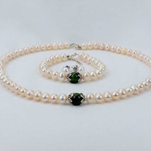Set Dây Chuyền + Vòng Tay + Khuyên Tai  Nữ Minh Hà Pearl Jewelry Ngọc Trai Đính Đá Màu Xanh Trắng