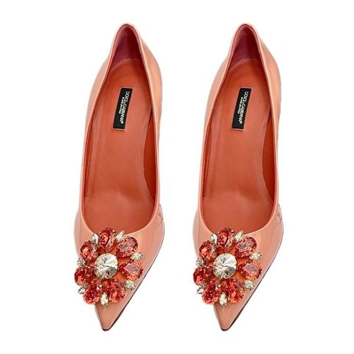 Giày Cao Gót Nữ Dolce & Gabbana D&G Leather Crystal Heels Pumps Shoes Màu Hồng Cam Size 36