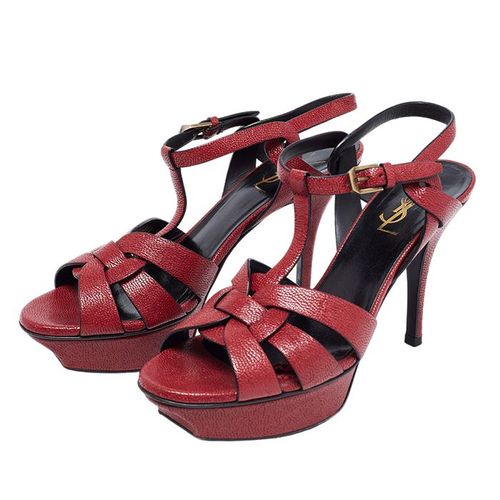 Dép Cao Gót Nữ Yves Saint Laurent YSL Tribute Pebbled Platform Sandals Màu Đỏ Size 37.5