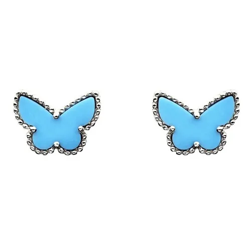 Khuyên Tai Nữ Jewery Luxury Sweet Alhambra Turquoise Butterfly 18K White Gold Earstuds Màu Xanh Bạc